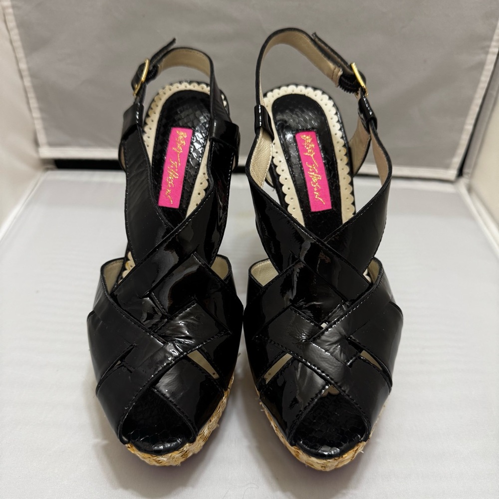 Betsey Johnson Black Patent Espadrille Wedges